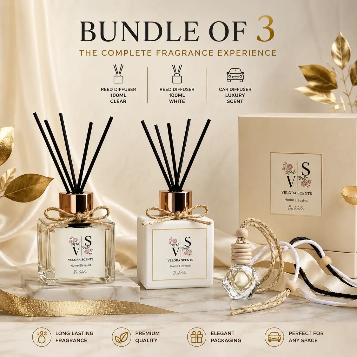 Velora Scents Bundle of 3 — Reed Diffuser 100ml Clear, Reed Diffuser 100ml White και Car Diffuser Luxury Scent