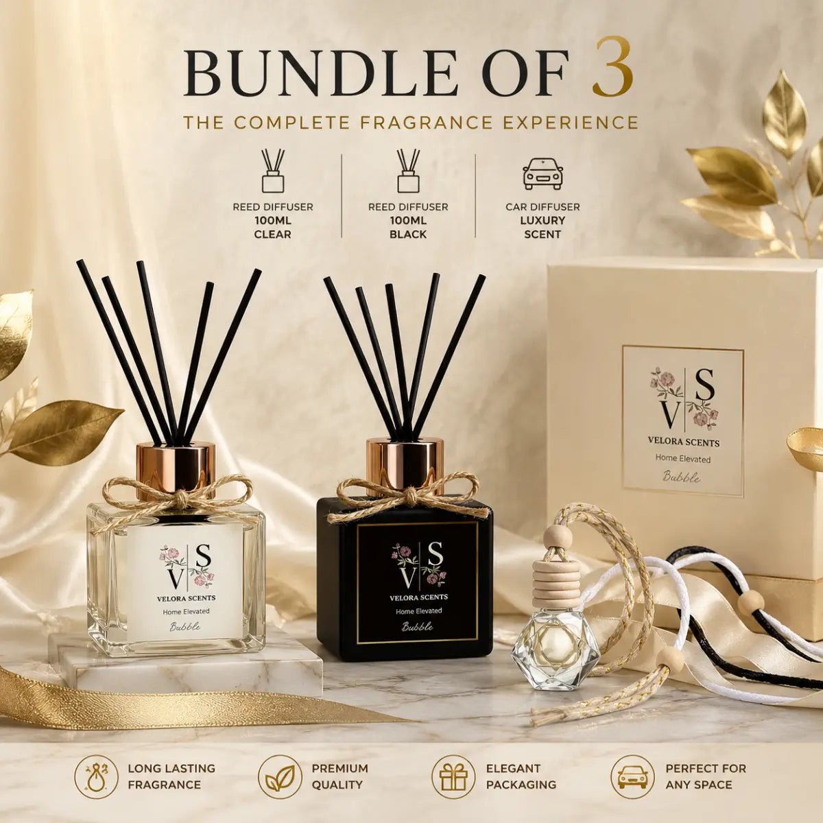 Velora Scents Bundle of 3 — Reed Diffuser 100ml Clear, Reed Diffuser 100ml Black και Car Diffuser Luxury Scent